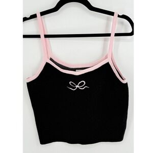PacSun Womens Black Knit Bow Camisole Tank Top Pink‎ Trim Coquette Large
